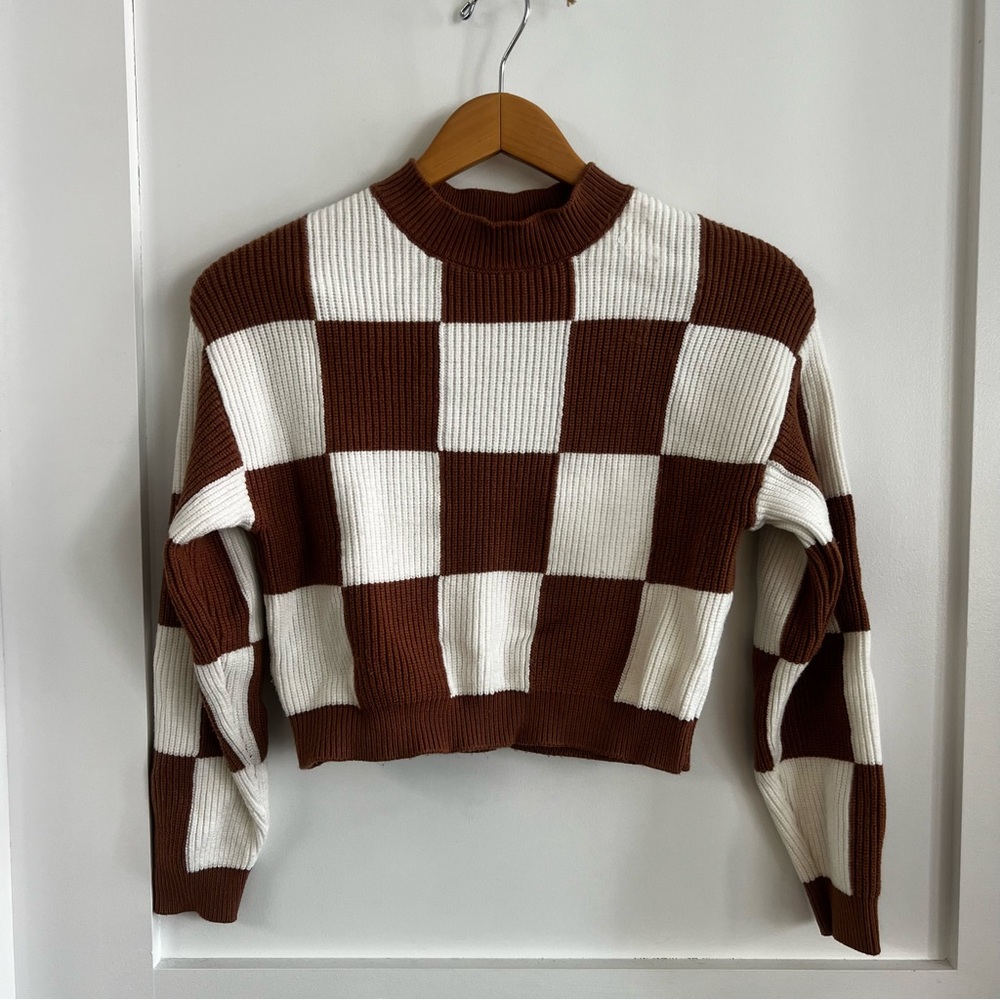 Checkerboard Cropped Knit Sweater - Brown & Cream